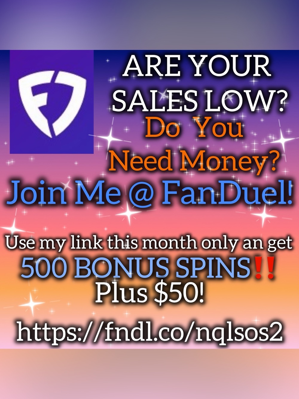 Are your sales low? Get 500 BONUS SPINS FREE‼️ PLUS $50‼️‼️